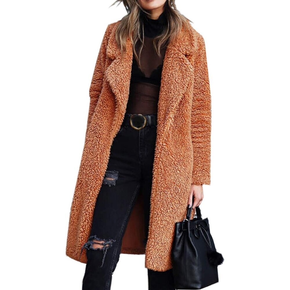 Women's Caramel Fuzzy Fleece Lapel Open Front Long Cardigan Coat Fur Warm Winter